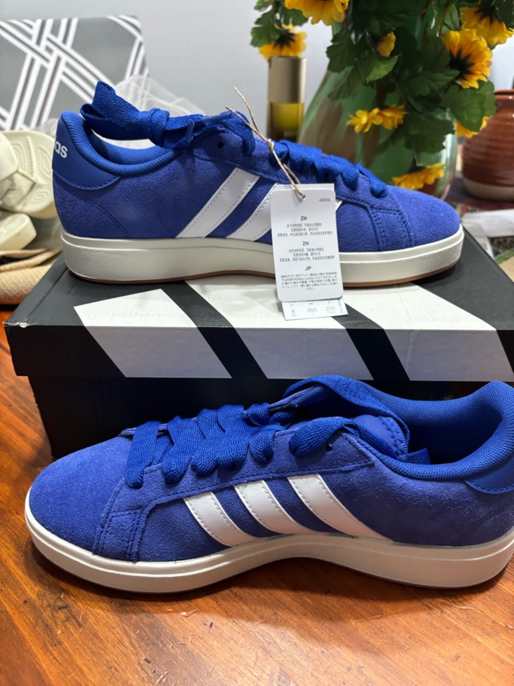 Adidas Blue Suede Court-Style Sneakers with White Stripes NIB